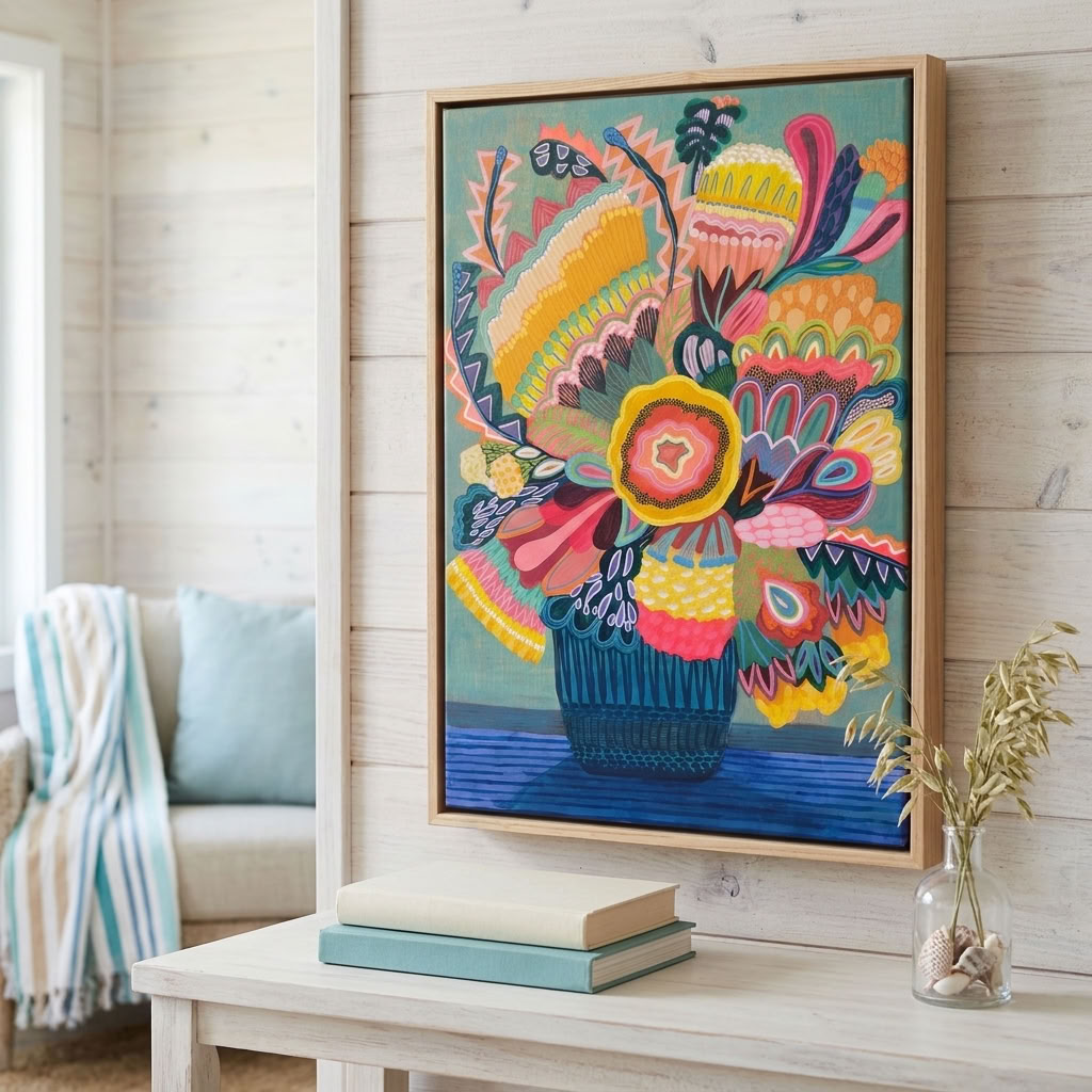 Flora Fantastica No. 2, original botanical painting by Australian artist Kirsten Katz, sage green background, golden centre flower, zigzag leaves and navy striped vase, in a natural oak float frame