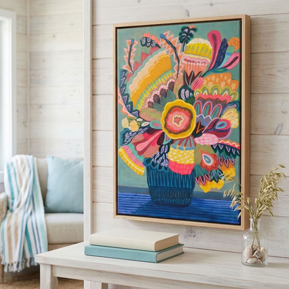 Flora Fantastica No. 2, original botanical painting by Australian artist Kirsten Katz, sage green background, golden centre flower, zigzag leaves and navy striped vase, in a natural oak float frame