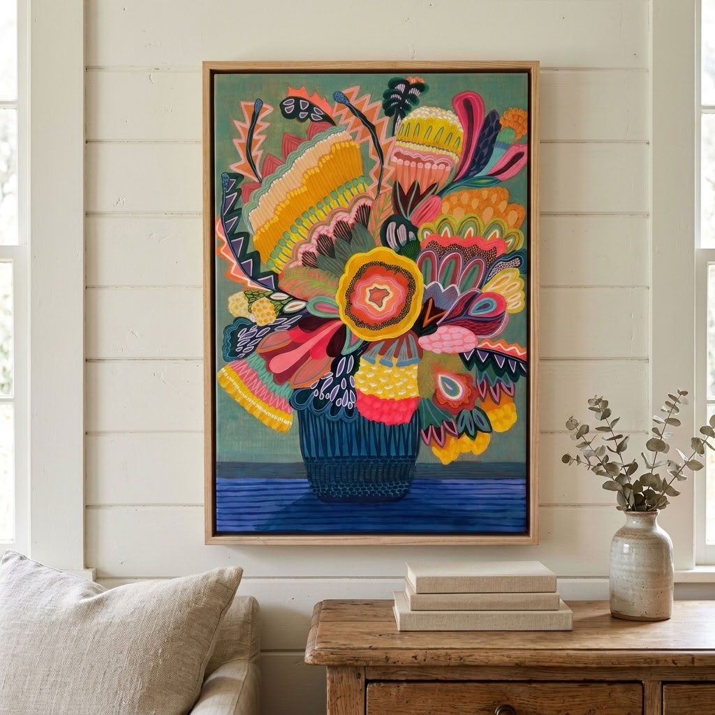 Flora Fantastica No. 2, original botanical painting by Australian artist Kirsten Katz, sage green background, golden centre flower, zigzag leaves and navy striped vase, in a natural oak float frame