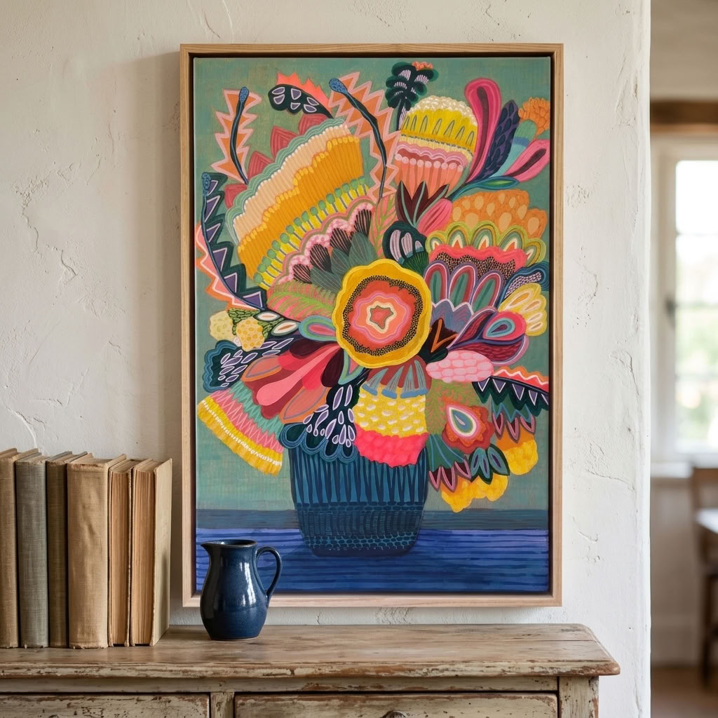 Flora Fantastica No. 2, original botanical painting by Australian artist Kirsten Katz, sage green background, golden centre flower, zigzag leaves and navy striped vase, in a natural oak float frame