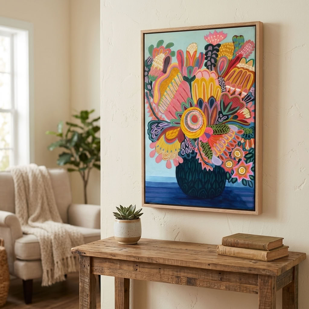 Flora Fantastica No. 3, original botanical painting by Australian artist Kirsten Katz, aqua background, golden sunburst flower and round deep green vase, in a natural oak float frame