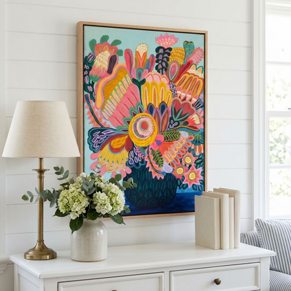 Flora Fantastica No. 3, original botanical painting by Australian artist Kirsten Katz, aqua background, golden sunburst flower and round deep green vase, in a natural oak float frame