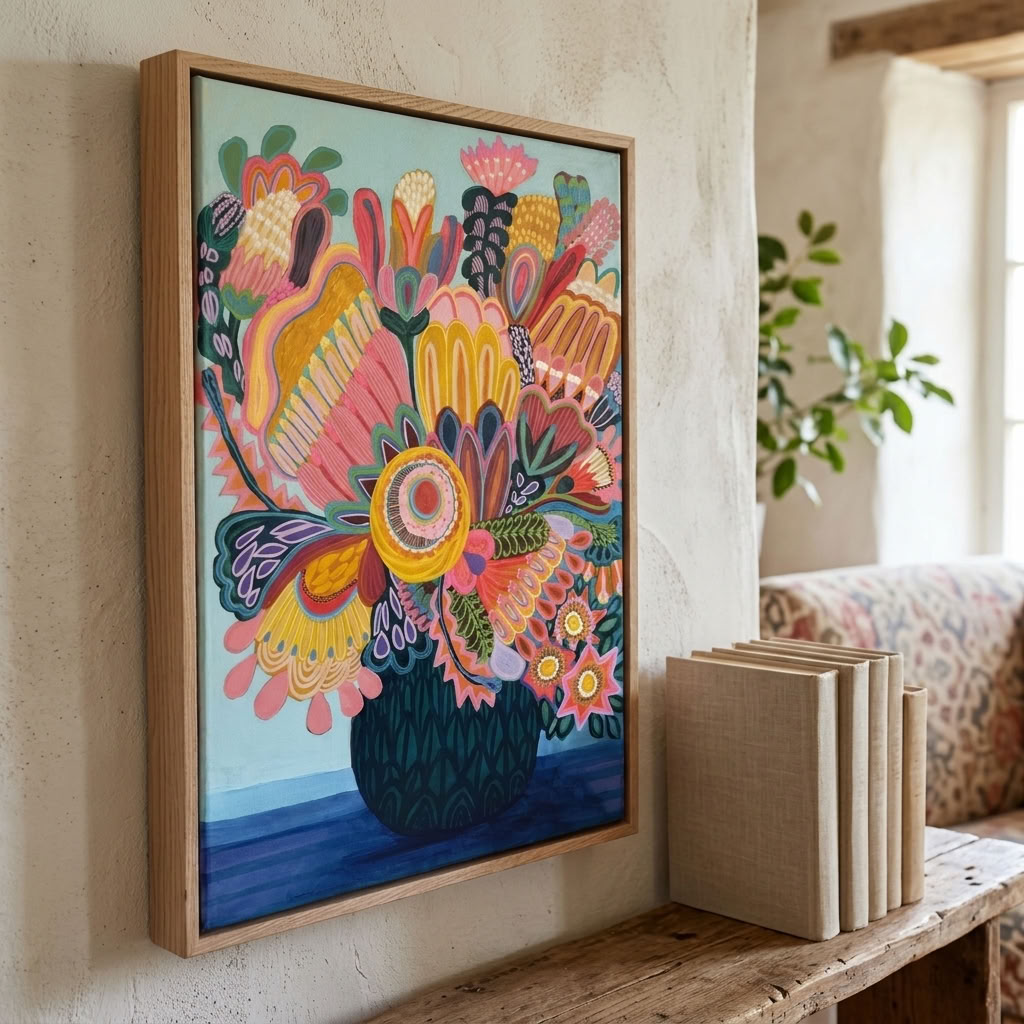 Flora Fantastica No. 3, original botanical painting by Australian artist Kirsten Katz, aqua background, golden sunburst flower and round deep green vase, in a natural oak float frame