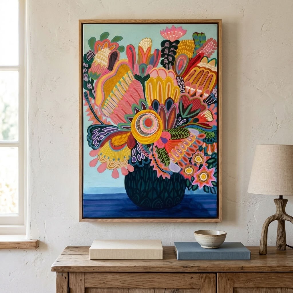 Flora Fantastica No. 3, original botanical painting by Australian artist Kirsten Katz, aqua background, golden sunburst flower and round deep green vase, in a natural oak float frame