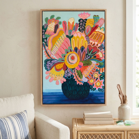 Flora Fantastica No. 3, original botanical painting by Australian artist Kirsten Katz, aqua background, golden sunburst flower and round deep green vase, in a natural oak float frame