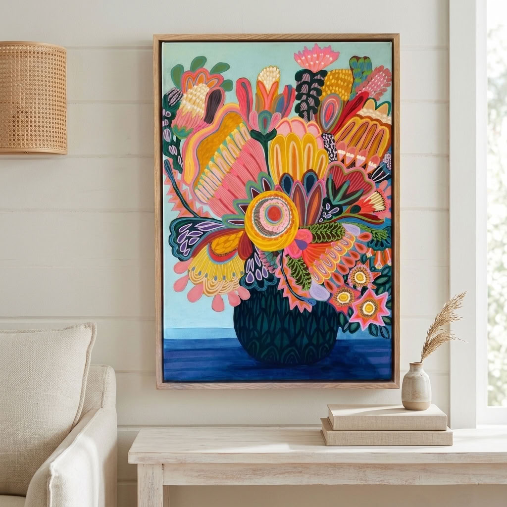Flora Fantastica No. 3, original botanical painting by Australian artist Kirsten Katz, aqua background, golden sunburst flower and round deep green vase, in a natural oak float frame