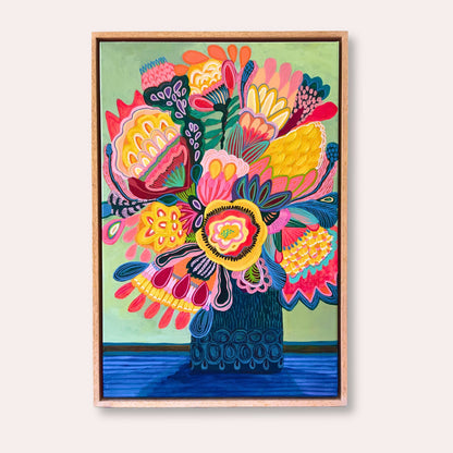 Flora Fantastica No. 1, original botanical painting by Australian artist Kirsten Katz, soft green background, golden centre bloom and teal patterned vase, in a natural Tasmanian oak float frame