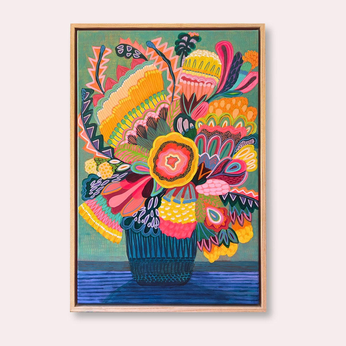 Flora Fantastica No. 2, original botanical painting by Australian artist Kirsten Katz, sage green background, golden centre flower, zigzag leaves and navy striped vase, in a natural Tasmanian oak float frame