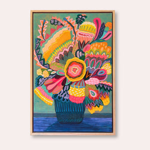 Flora Fantastica No. 2, original botanical painting by Australian artist Kirsten Katz, sage green background, golden centre flower, zigzag leaves and navy striped vase, in a natural Tasmanian oak float frame