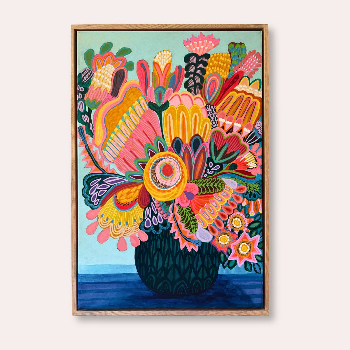 Flora Fantastica No. 3, original botanical painting by Australian artist Kirsten Katz, aqua background, golden sunburst flower and round deep green vase, in a natural Tasmanian oak float frame