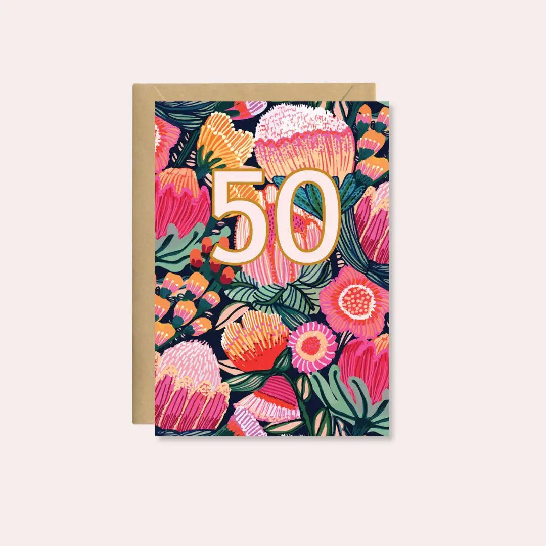 Flower of Oz 50th Birthday Card – Protea & Gum Blossoms  Kirsten Katz