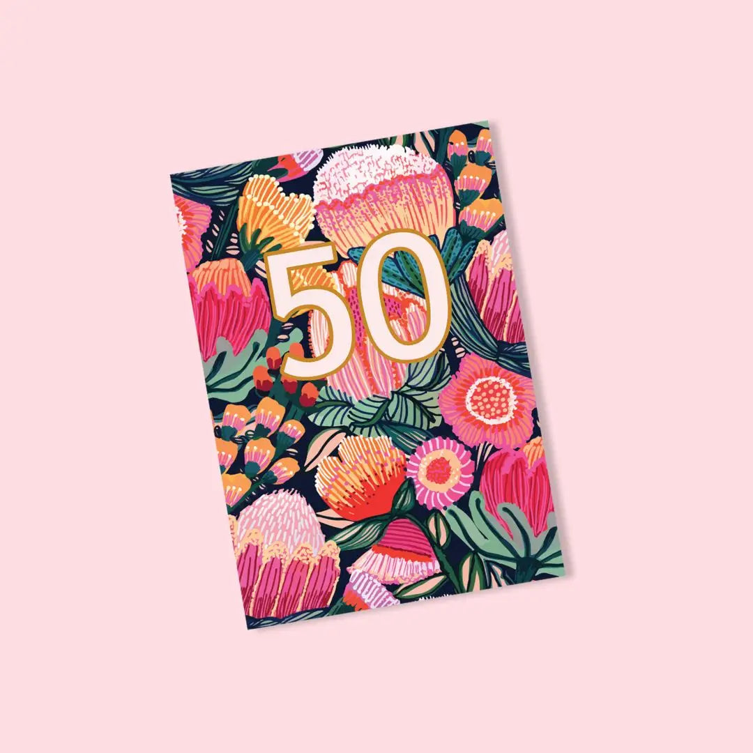 Flower of Oz 50th Birthday Card – Protea & Gum Blossoms  Kirsten Katz