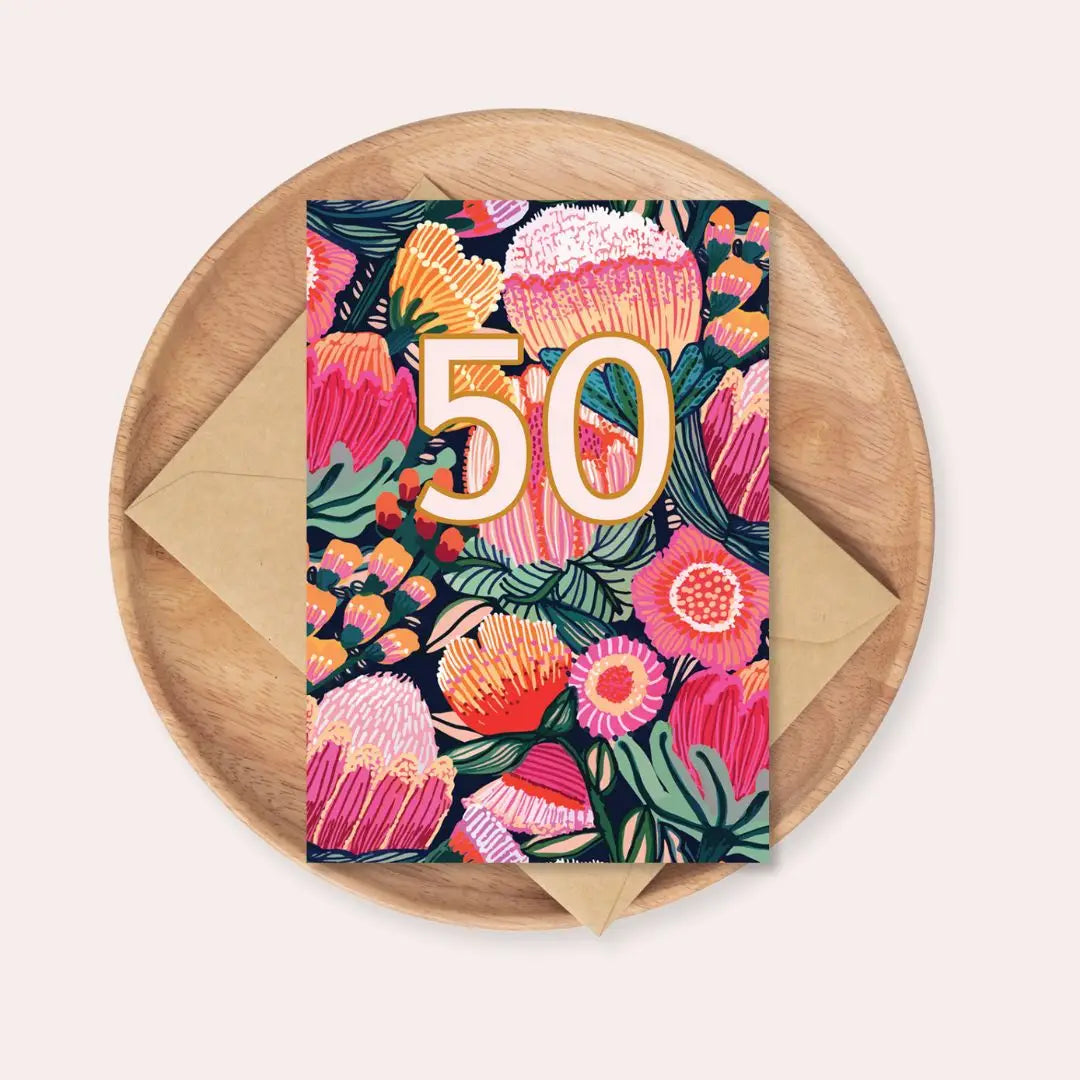 Flower of Oz 50th Birthday Card – Protea & Gum Blossoms  Kirsten Katz