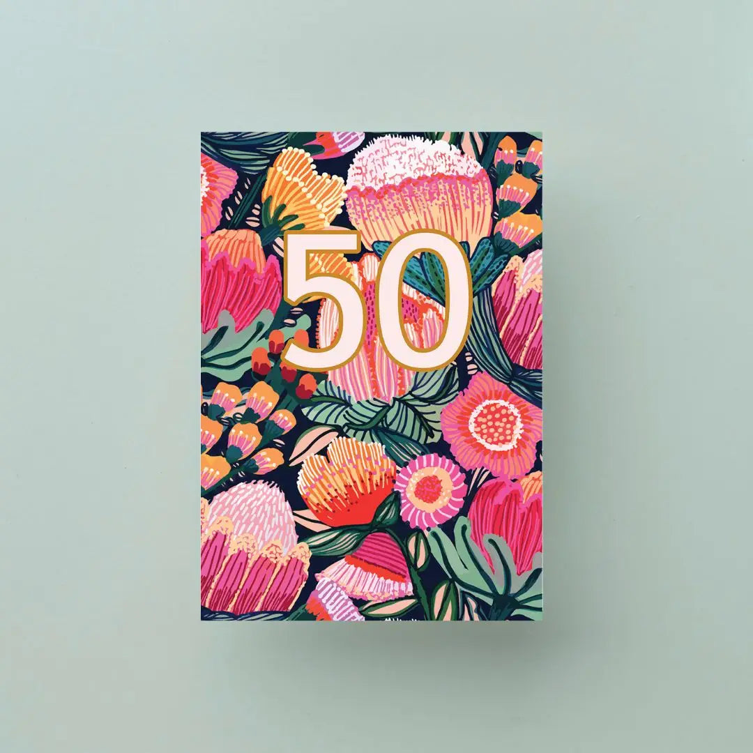 Flower of Oz 50th Birthday Card – Protea & Gum Blossoms  Kirsten Katz