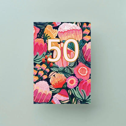 Flower of Oz 50th Birthday Card – Protea & Gum Blossoms  Kirsten Katz