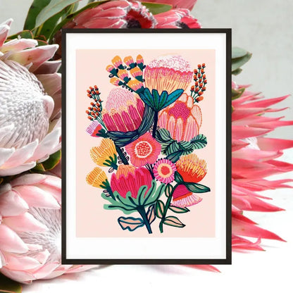 Flowers of Oz Botanical Art Print, with native flora and proteas flowers by artist  Kirsten Katz.