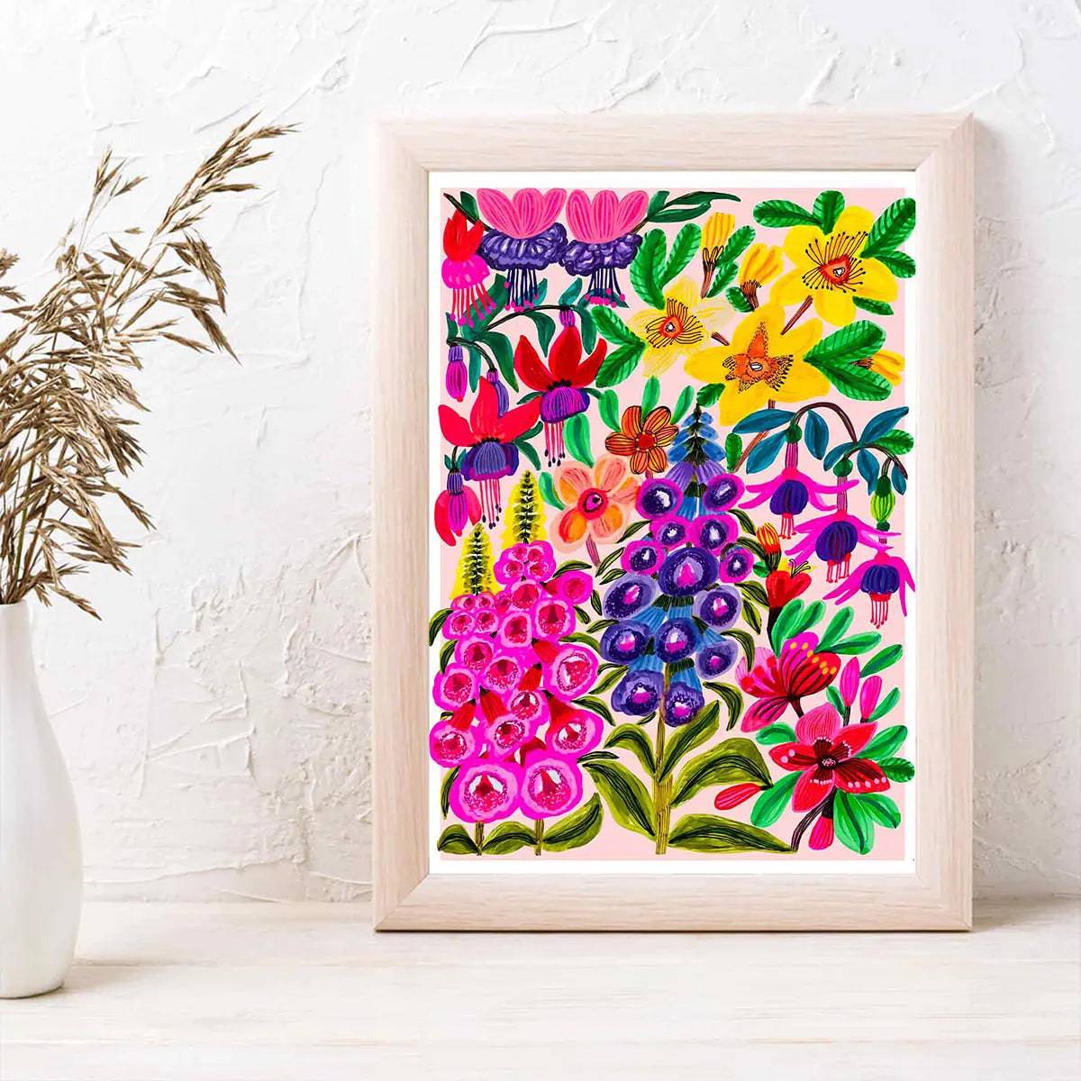 Foxgloves and Fuchsia wall art print by Kirsten Katz — cottage-garden blooms in red, pink, yellow and purple