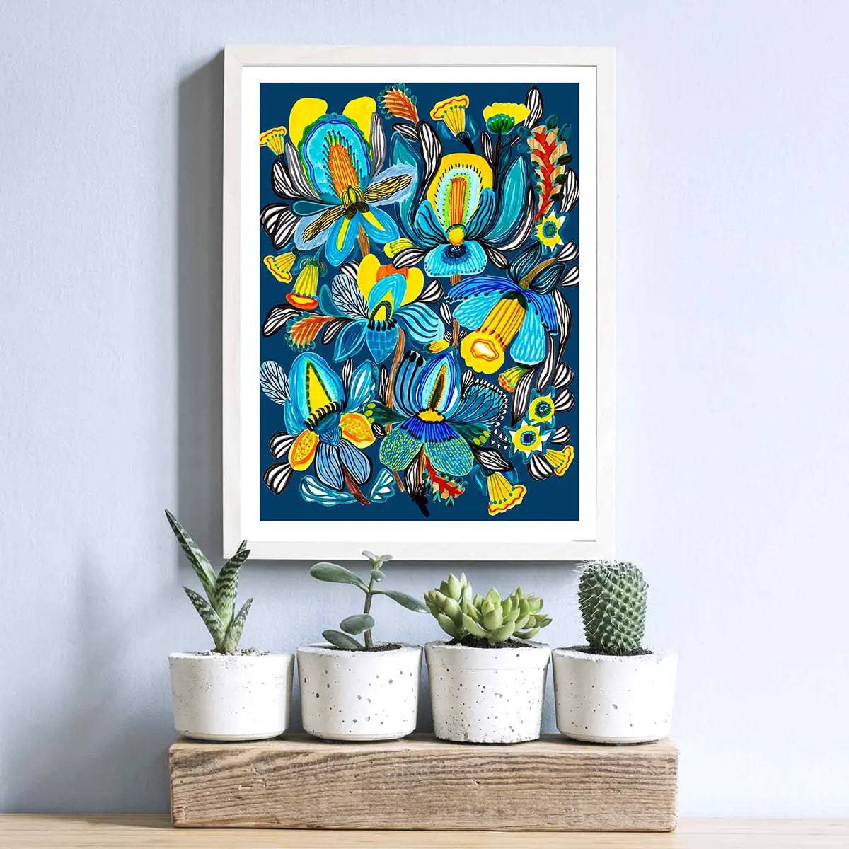 Jungle Orchids wall art print by Kirsten Katz — tropical orchids glowing in deep blue and yellow