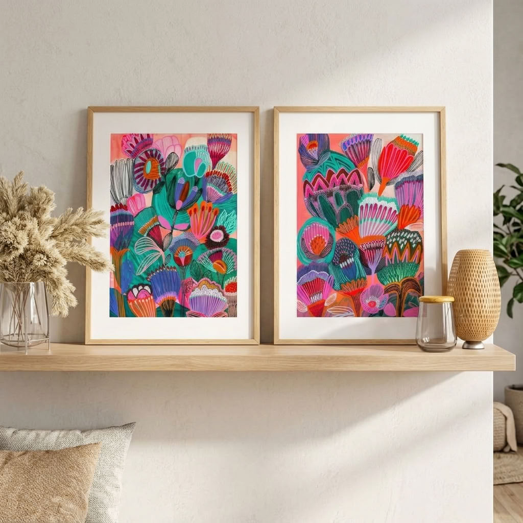 Kimberley wall art print set by Kirsten Katz, two modern botanical prints of stylised outback wildflowers