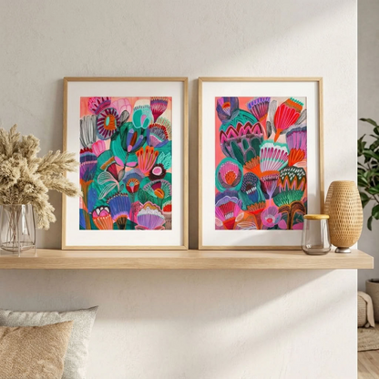 Kimberley wall art print set by Kirsten Katz, two modern botanical prints of stylised outback wildflowers