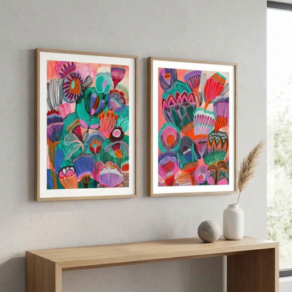Kimberley gallery wall set by Kirsten Katz, vivid outback wildflowers on warm red-earth grounds