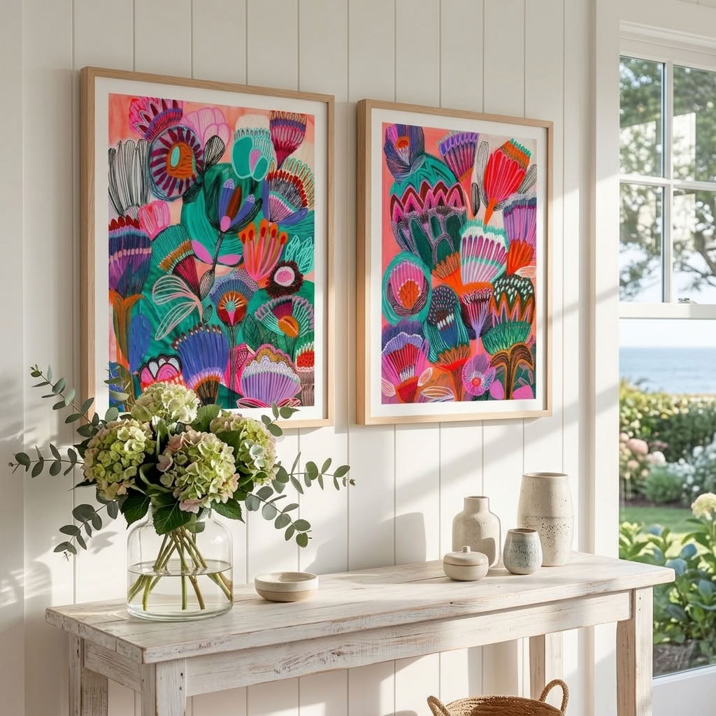 Kimberley art print set by Kirsten Katz, bold layered wildflowers in pink, purple and teal