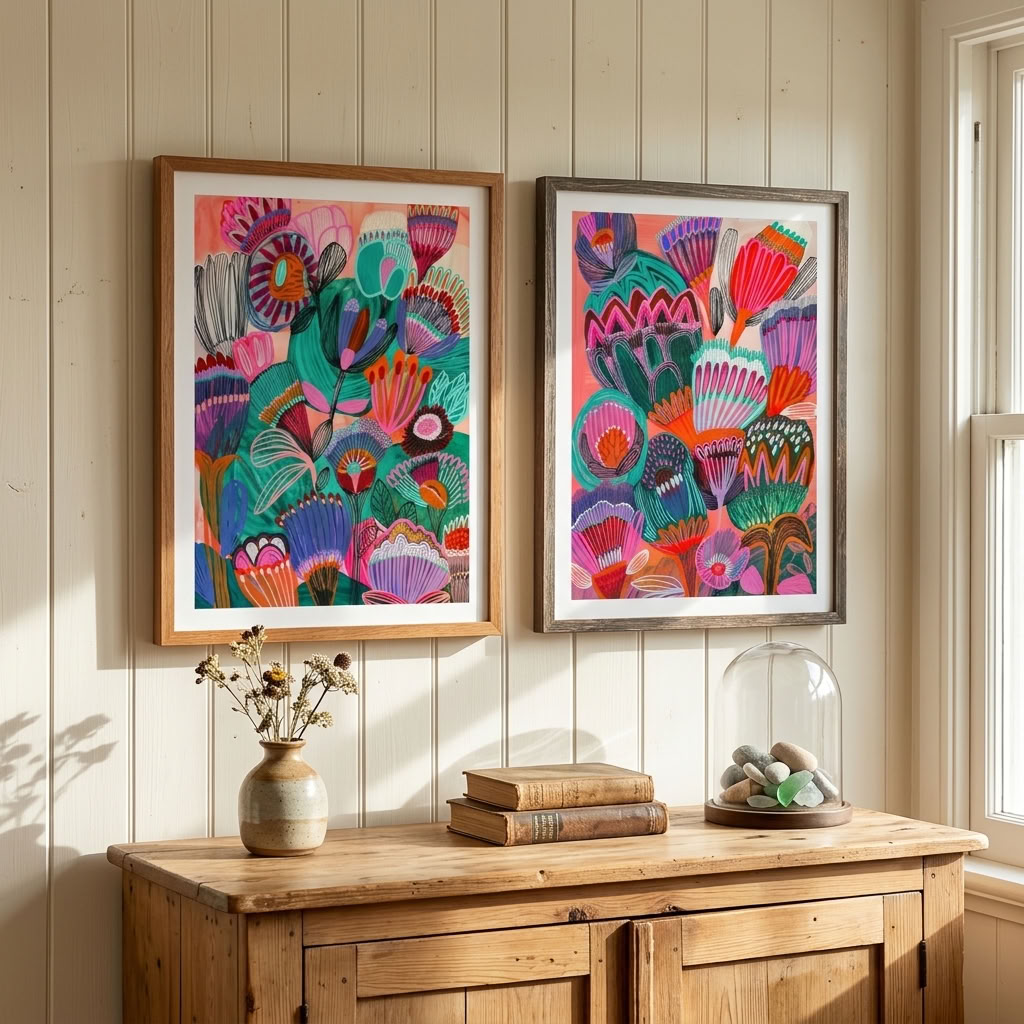 Two-print Kimberley wall art set by Kirsten Katz, Australian artist, colourful outback botanicals