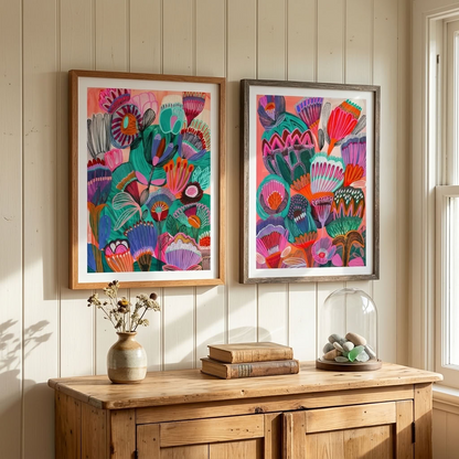 Two-print Kimberley wall art set by Kirsten Katz, Australian artist, colourful outback botanicals