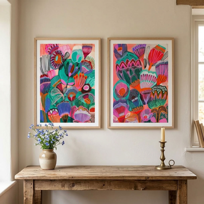 Kirsten Katz Kimberley wildflower print pair, stylised outback blooms with fine lined detail