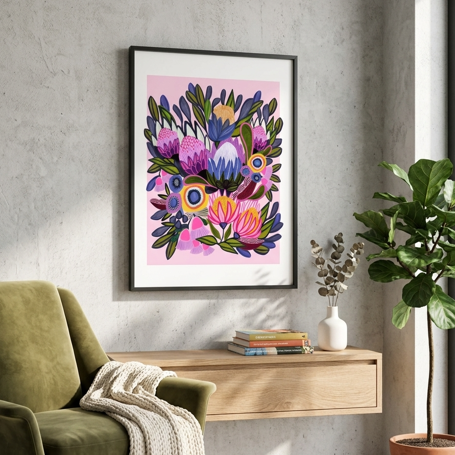 A framed floral art print with vibrant purple, pink, orange, and yellow flowers on a light pink background, hanging on a textured gray wall above a wooden console table in a modern living room setting.