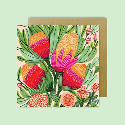 Proteas & Gum Blossoms Greeting Card - Kirsten Katz