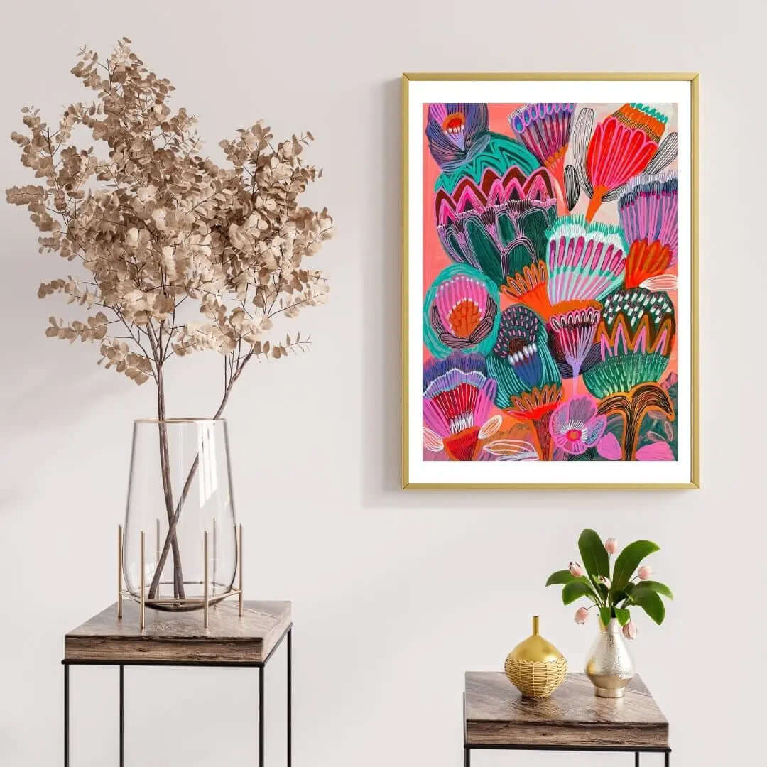 Kimberly Blooms botanical art print by Kirsten Katz — outback wildflowers in pink, red and teal on warm sunlit ground