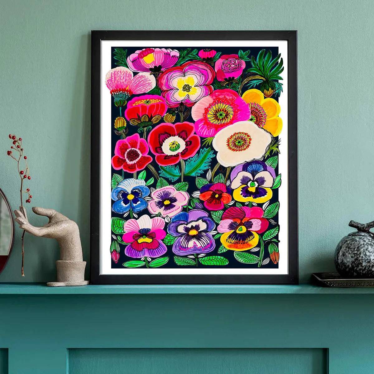 Midnight Pansies and Poppies wall art print by Kirsten Katz — poppies and pansies blazing on deep black