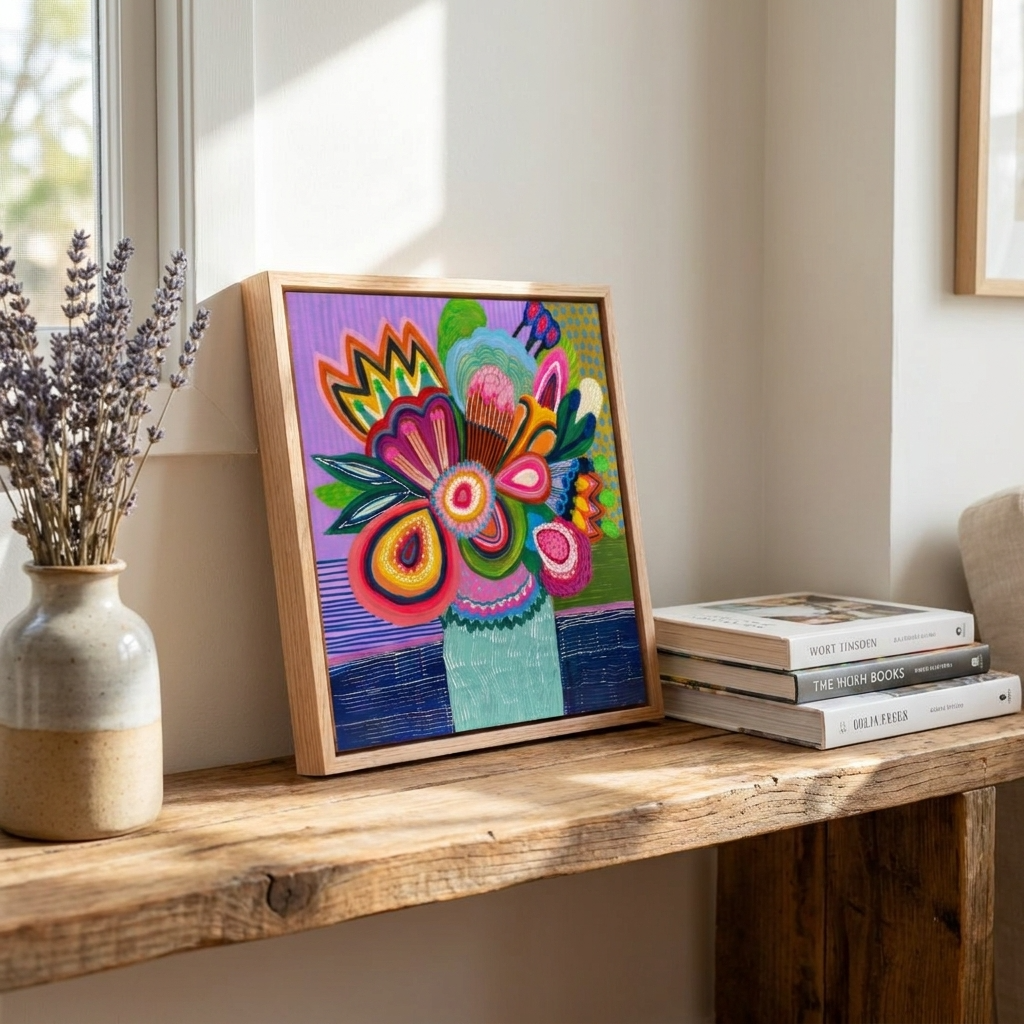 Colorful abstract artwork in a wooden frame on a wooden surface with books and a vase.
