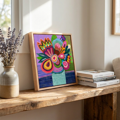 Colorful abstract artwork in a wooden frame on a wooden surface with books and a vase.