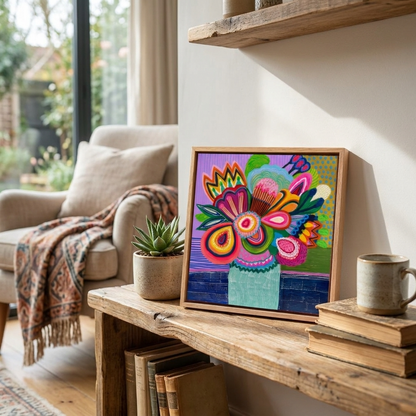 Colorful abstract painting on a wooden table in a living room.