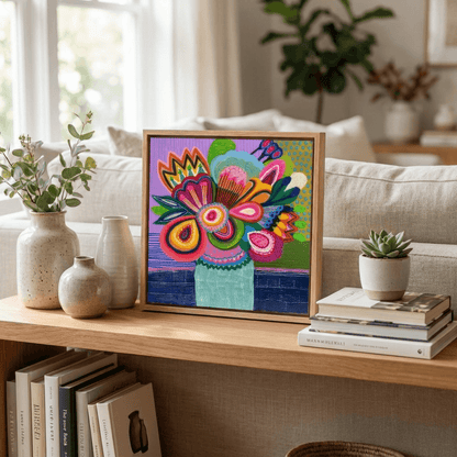 Colorful abstract artwork on a wooden shelf with books and plants in a living room setting.