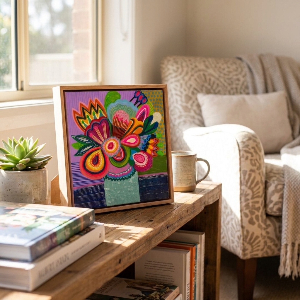 Colorful floral artwork on a wooden table with books and a mug, in a cozy living room setting.