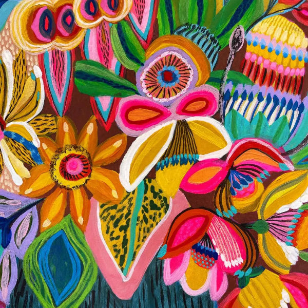 Colorful abstract floral design with vibrant colors on a brown background