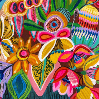 Colorful abstract floral design with vibrant colors on a brown background