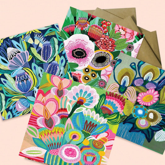 Four pastel botanical greeting cards from the Pastel Beauties set by Kirsten Katz