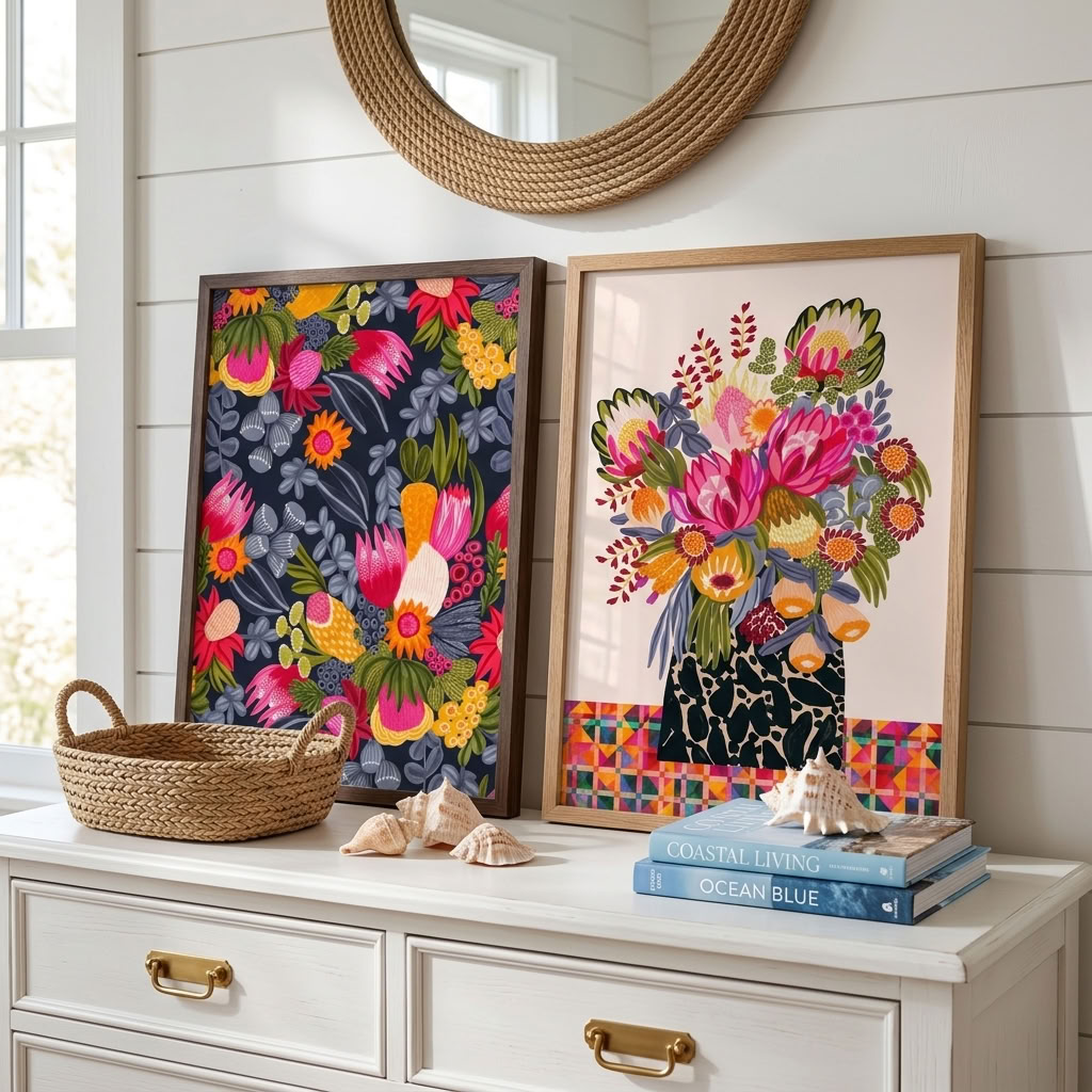 Protea and Bush Flowers botanical art print set by Kirsten Katz, two Australian native flower prints