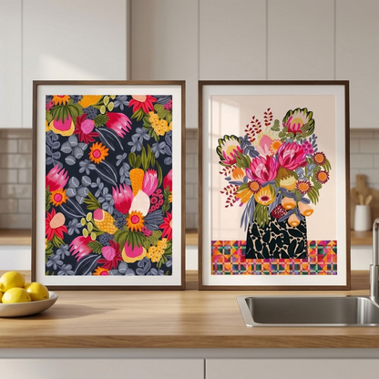 Kirsten Katz botanical art print set of two, proteas, banksias and bush flowers in bold colour