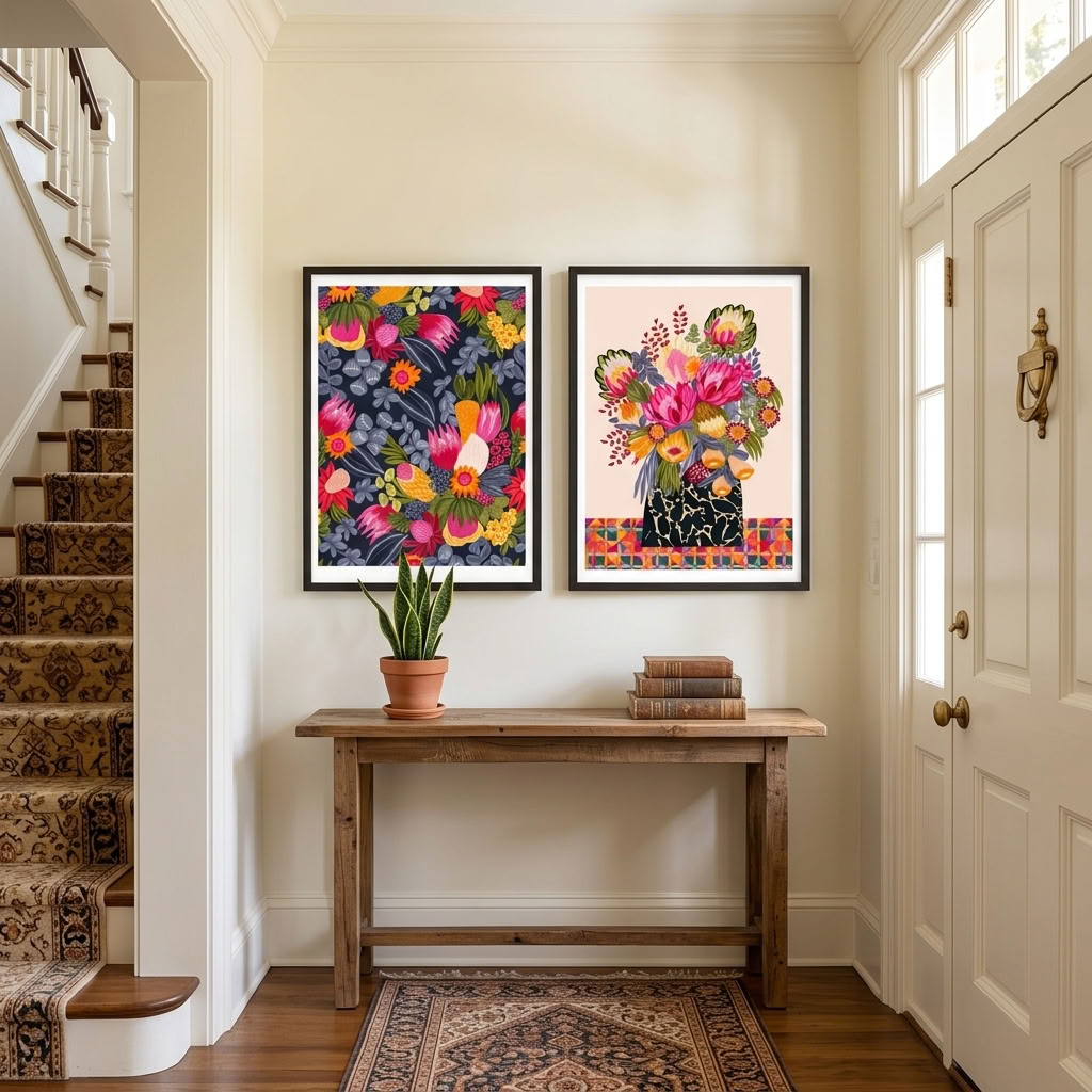 Protea botanical print pair by Australian artist Kirsten Katz, celebratory bouquet and navy floral