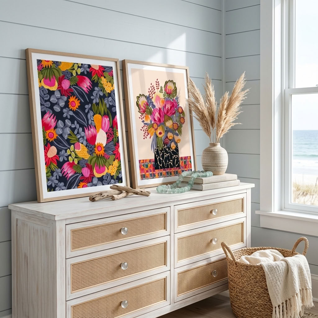 Set of two botanical art prints by Kirsten Katz, Birthday Bouquet and White Protea & Bush Flowers