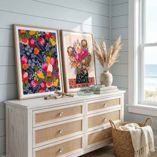 Set of two botanical art prints by Kirsten Katz, Birthday Bouquet and White Protea & Bush Flowers