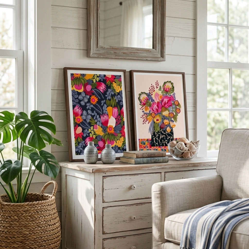 Kirsten Katz protea print pair, a bouquet of pink proteas on a warm ground beside bush flowers on deep navy