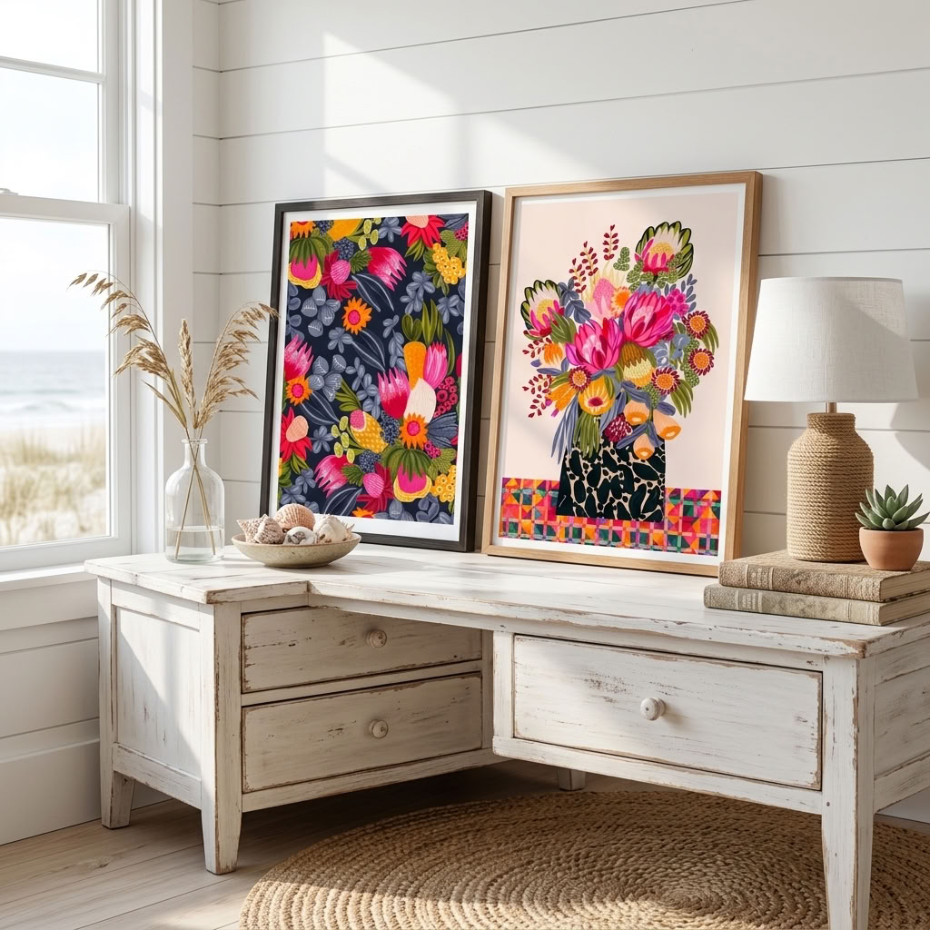 Protea and Bush Flowers wall art print set by Kirsten Katz, vibrant Australian botanicals in pink, coral, mustard and navy