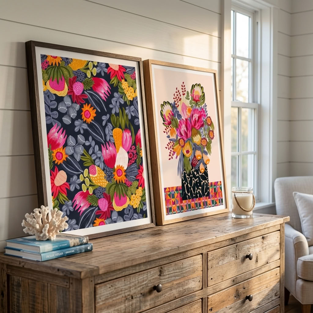Two-print Australian botanical wall art set by Kirsten Katz, proteas and native bush flowers