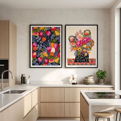 Colourful Australian protea wall art print pair by Kirsten Katz, one light and one deep navy
